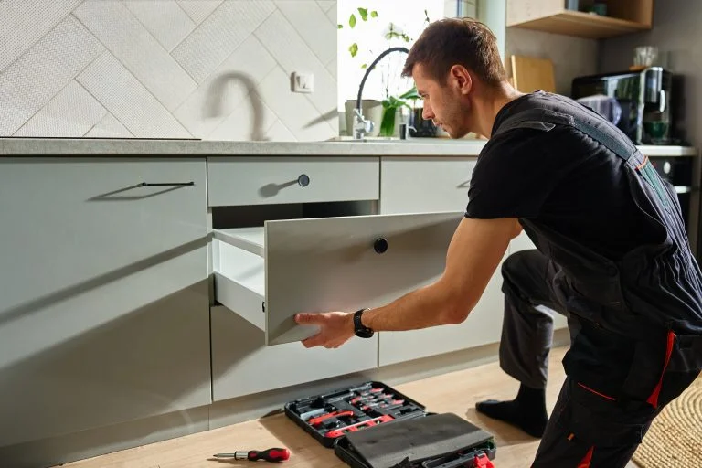 Professional installing furniture hardware